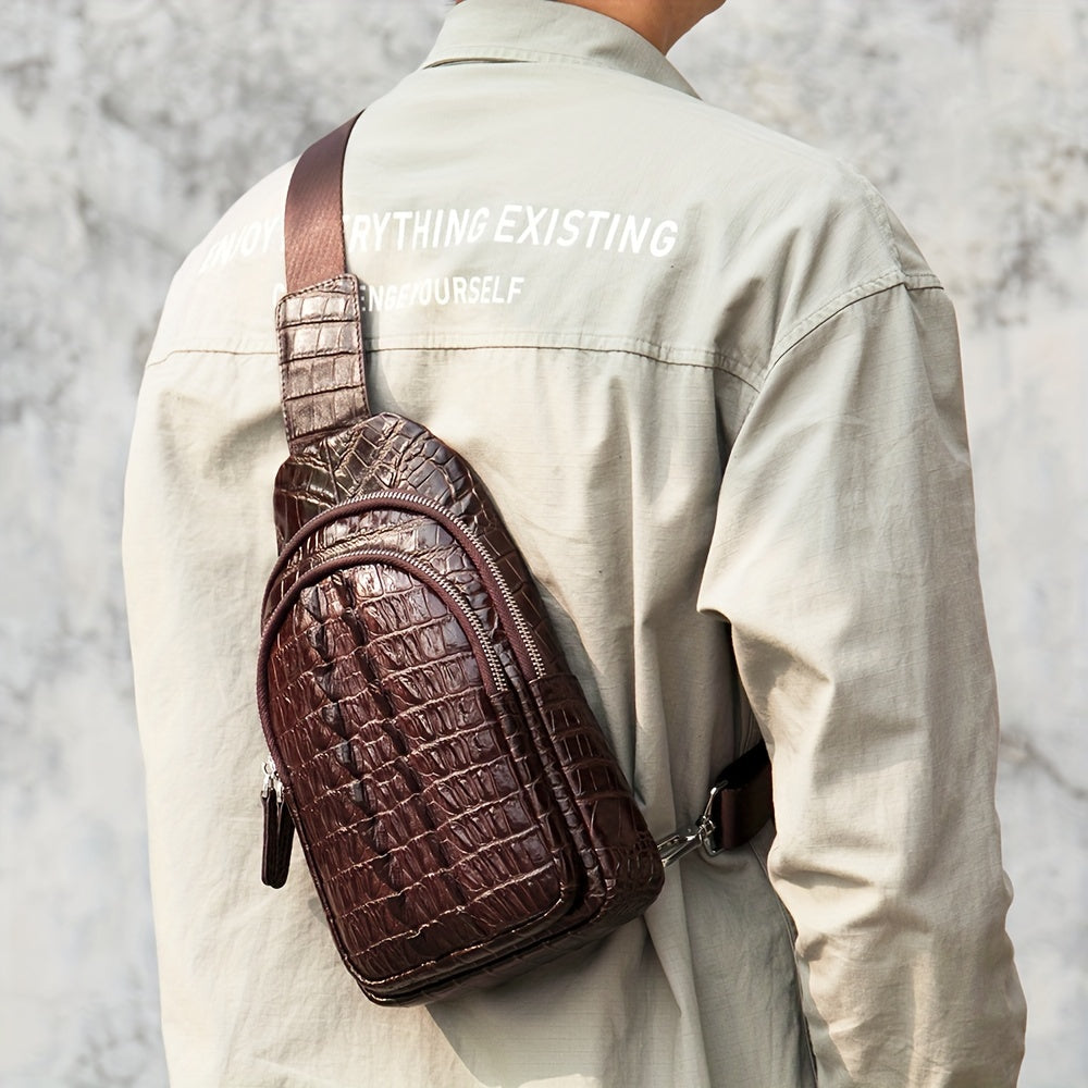 Genuine Leather Crocodile Pattern Chest Bag - Vintage Waterproof Sling Shoulder Bag